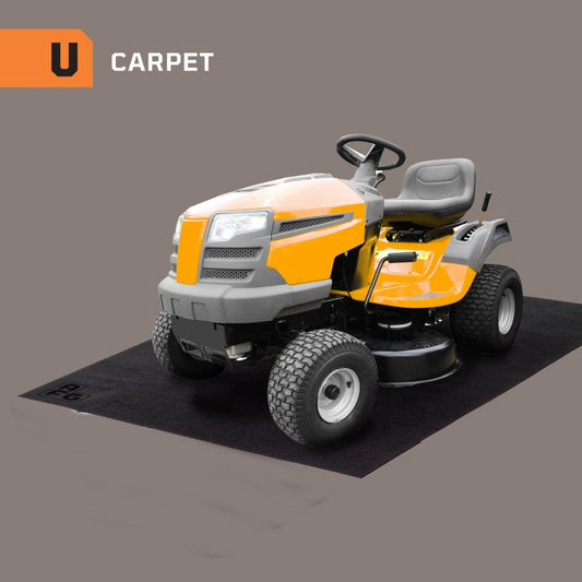 Lawn Mower on top of Garage Carpet Mat